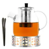 HOTUT Teekanne aus Glas 1500 ml,Glasteekanne mit Siebeinsatz und Stövchen,Borosilikat Glas Teebereiter,Hitzebeständig Glaskanne,Teebereiter zur Zubereitung von Losen Tees,Blumentee, Kräutertee