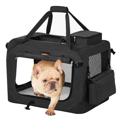 Feandrea Hundebox faltbar, Transportbox Hund, M, Hundetasche, Oxford-Gewebe, Netzstoff, atmungsaktiv tragbar transportabel, Metallrahmen, mit Griffen, Taschen, 60 x 42 x 42 cm, schwarz PDC60H