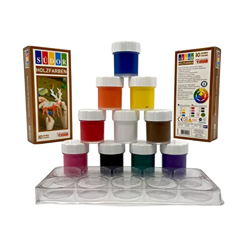 SÜDOR Holzspielzeug Farben. Malfarben fürs Spielzeug aus Holz. 10 Farben je 20 ml. Acryl-Farben auf Wasserbasis für Kinder und Erwachsene. Acrylfarben-Set für Kinder. Malen auf Holz. 10 x 20ml