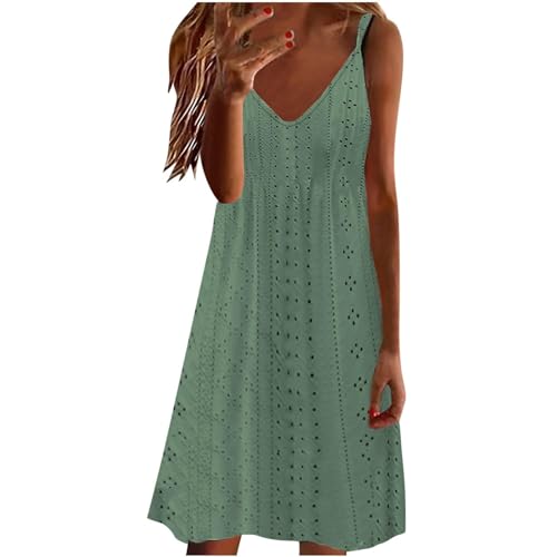 Hängekleider Damen Sommer Sexy Ärmellose Sommerkleider für Damen Öse Spitze V Ausschnitt Spaghettiträger Midi Kleid Lässig Locker Fließend Blumendruck Kleid Kleid Damen Sommer (Green, S)