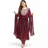 RangMahal Damen Rayon bestickt bedruckt Naira Cut Kurta Hose mit Dupatta-Set, Kastanienbraun, Medium