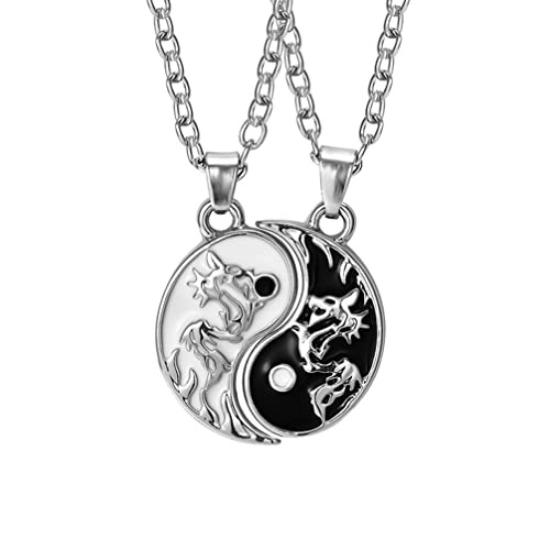 Houhounb 2 Stück Yin Yang Paar Halskette Taichi BFF Kette Freundschaftsketten Ying Yang Anhänger Kette Drachen Schnitzen Schmuck Ketten für beste Freunde,Liebhaber und Couple Geschenke