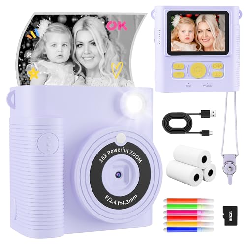 CKATE Kinderkamera Sofortbildkamera, 2.4 Zoll Bildschirm Kinder Kamera mit 2 Shutters, 32G SD Karte & Druckpapier, 1080P Sofortbildkamera Kinder, Geschenke für Mädchen und Jungen 3-12 Jahre - Lila