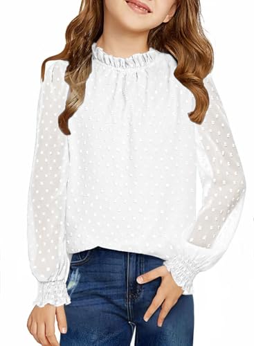 Arshiner Mädchen Langarmshirt Chiffon Kinder Tunika Punkt Faltiger Kragen Oberteile Freizeit Locker Longsleeve Herbst Winter Niedlich Shirt für Mädchen 12-13 Jahre Weiß