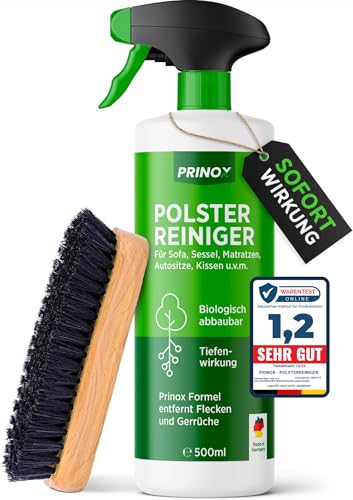 PRINOX® Profi Polsterreiniger 500ml für Sofa, Auto, Sessel & Couch inkl. Bürste - Textilreiniger Konzentrat & Autositz Reiniger für alle Polstermöbel - Fleckenentferner Sofa aus Deutschland