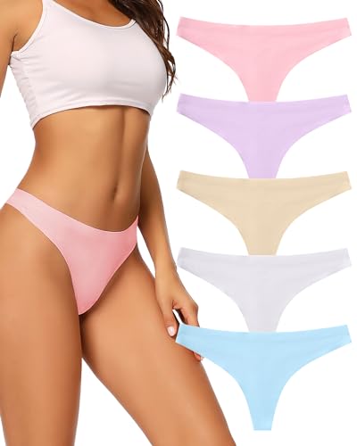 VOENXE Seamless Thongs for Women No Show Thong Underwear Women 5-10 Pack (F-5 Pack Bright Color, Large)
