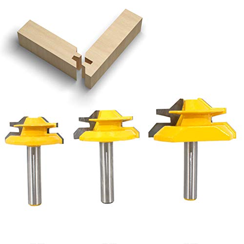 BIGP 3 Stück 45 Grad Verleimfräser Gehrung Fräse Set, 8 mm Schaft 45° Lock Miter Router Bit, 1-3/8", 1-1/2", 2" Schnittdurchmesser Verleimfräser Gehrung Verleimfräser Oberfräser