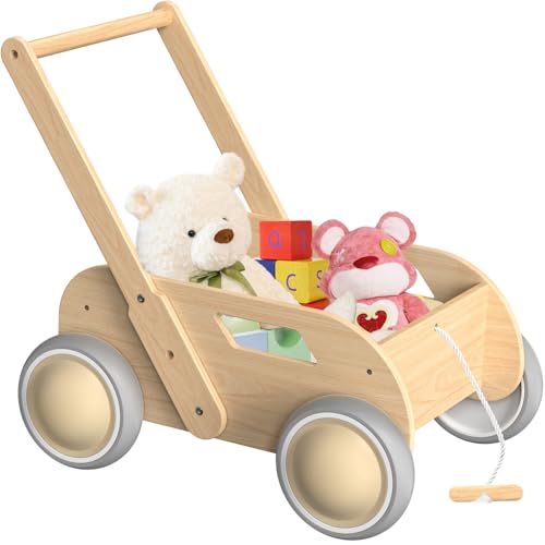 Lauflernwagen Holz, Baby Lauflernhilfe für Junge und Mädchen, Toddler Push & Pull Lauflernspielzeug, Kinderwagen aus Holz, Baby Walker mit Rädern, Geschenk für Geburtstag Weihnachten, Natürlich