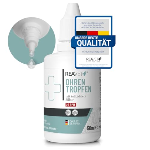 ReaVET Ohrentropfen mit kolloidalem Silber 50ml I Für Hunde und Katzen I SEHR GUT bei Ohrentzündungen, Juckreiz, Keime, Pilze und Bakterien, Ohrenpflege, Ohrenhygiene, Gesunde Ohren