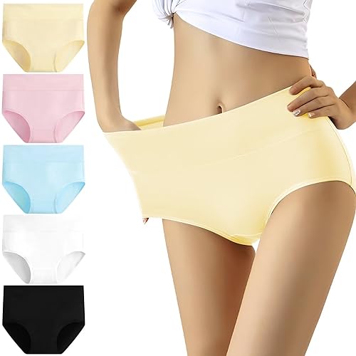 YouShow Unterhosen Damen 5er Pack Baumwolle Hohe Taille Unterwäsche Slip Stretchanteil(5er Mehrfarbig02,L)