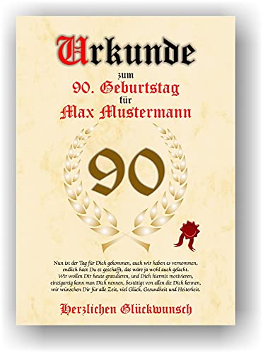 Urkunde zum 90. Geburtstag Glückwunsch Geschenkurkunde personalisiertes Geschenk Oma Opa mit Name und Spruch Karte Geschenkidee Mann Frau DIN A4