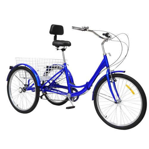 Taozhiyy 24 Zoll Dreirad Erwachsene, Faltbar 3 Rad Fahrrad, 7 Speed 3 Räder Cruise Bike mit Korb Rückenlehne, Trike Tricycle Scheibenbremse Belastung 120kg (Blau)