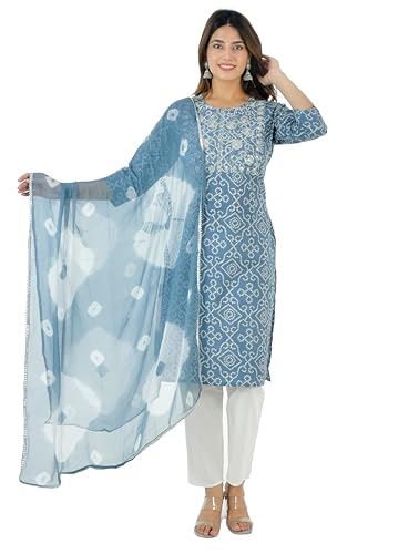 Vrnda Damen-Kurta-Set, Baumwolle, indischer Bandhej-Druck, gerade, Stickerei, Kurti mit Hose und Dupatta-Kleid, Hellgrau, M