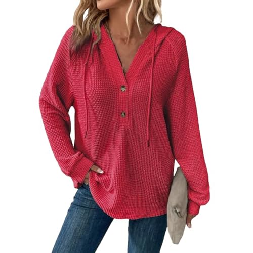 Generisch Damen Bluse Henley Shirt Pullover Elegant Bekleidung Ausgefallene Sweatjacke Herbst Kleidung Hoodie Autumn Clothes Rot 2XL