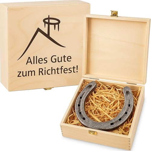 4you DESIGN Echtes Hufeisen in Holz-Geschenkschachtel Einzug mit Gravur – 2 Hufeisennägel zum befestigen – Geschenk Hausbau, Richtfest, Einzug – Glücksbringer Neuanfang - 17x17x3,5cm