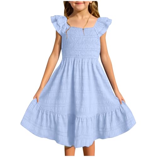 Sommerkleider Mädchen 2025 Girls Puffy Ärmel Tunika Midikleid Cute Leicht Und Luftig V-Ausschnitt Minikleid Loose Ärmellos Kurzarm Blusenkleid Elegante Hohe Taille Strandkleid（2-Light Blue,3Jahre