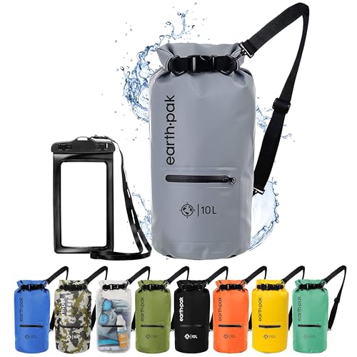 Earth Pak Torrent Serie Dry Bag wassersdichte Tasche mit verstellbarem Schultergurt und wasserfester Handyhülle Ideal beim Kajak Fahren Angeln Rafting Grau 10L