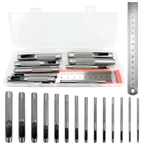 14 Stück Locheisen Set, Stahllocheisen Hohl Locher 1-10mm, Runde Locheisensatz Locheisen Satz für Leder, für Leder, Uhrenarmband, Dichtung Gürtel, Schuh, Stoff, Leinwand Kleidung