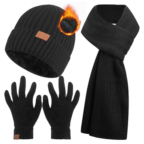 Ziwijity Schal Mütze und Touchscreen Handschuhe Set Für Herren Damen，Winter 3 In 1 Mütze Schal Handschuh Beanie Strickmütze Langer Schal Verdickte Und Weiche Wolle