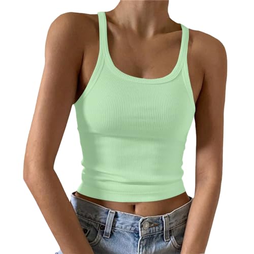 2025 Damen Sommer Casual Basic Graphic Tanks Weste Lustiger Strandurlaub Classic Fit Shirt Unterhemd Mit Stehkragen (Green, M)