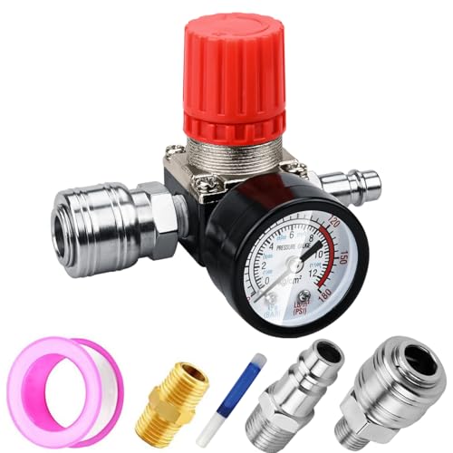 1/4" Druckminderer, Preciva EU-Standard Druckregler Druckregelventil Druckschalter Regelventil Druckschaltventil mit Manometer 175 PSI für Luftverdichter, Luftkompressor - 3 Löcher