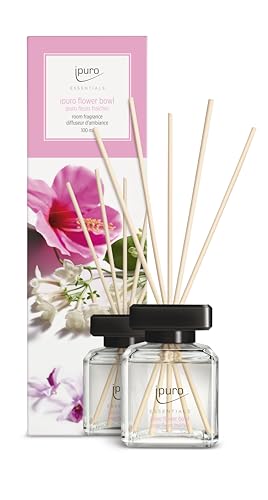 ipuro - Essentials Raumduft Flower Bowl 100ml | Raumerfrischer mit Blumenduft, Mandarine, Bergamotte, Jasmin, Veilchen & Zedernholz Duft Aroma | Diffuser mit Stäbchen | Lufterfrischer für die Wohnung