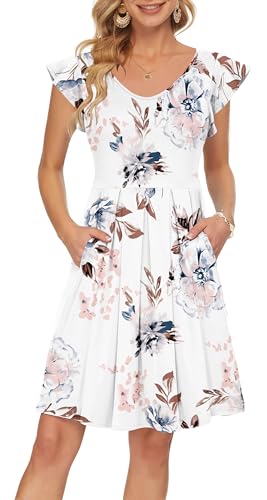 PLOKNRD Sommerkleid Damen V-Ausschnitt Midi Kleider mit Taschen Knielang Blütenblättern Kurzarm Freizeit Strandkleider Weiße Blume Alle S