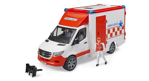 bruder 02676 - Mercedes-Benz Sprinter Ambulanz integriertes Light & Sound Modul Krankentrage Fahrer Einsatzfahrzeug Sanitäter Rettungswagen Rettungs-Dienst bworld 1:16