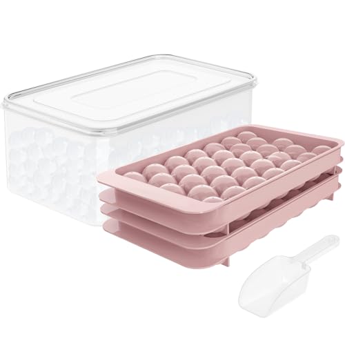 Runde Eiswürfelform, Eiswürfelform für Gefrierschrank mit Behälter, Mini-Kreis-Eiswürfelform, 2.5 cm x 66 Stück, Kugelform, Eiskühlung, Tee und Kaffee (2 rosa Tabletts, 1 Behälter und Schaufel)