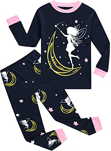 EULLA Kinder Mädchen Schlafanzüge Lang Baumwolle Winter Pyjama Set Glow in The Dark Prinzessin Zweiteilig Nachtwäsche 92 98 104 110 116 122 128 134 140 B-dunkelblau Glow in The Dark Prinzessin DE 128