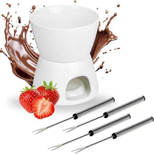 BALOU LIVING Schokofondue Set für 4 Personen - Schoko Fondue für Teelicht Kerze - Fondueset aus Porzellan für Schokolade