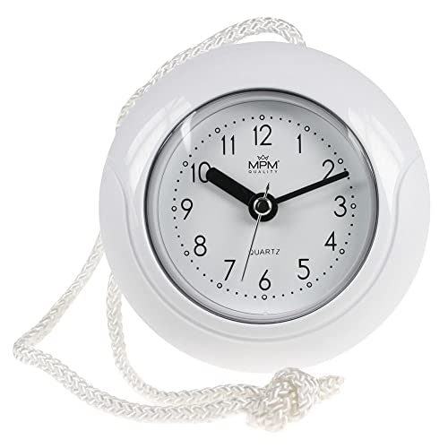 MPM Quality Design Badezimmer-Uhr aus Kunstoff, Quarz-Uhrwerk Sweep, 3-5 ATM Wasserdicht, Weiß, Ø 135 mm, geeignet auch für Außenbereich und als Badezimmeruhr, Pooluhr, Küchenuhr