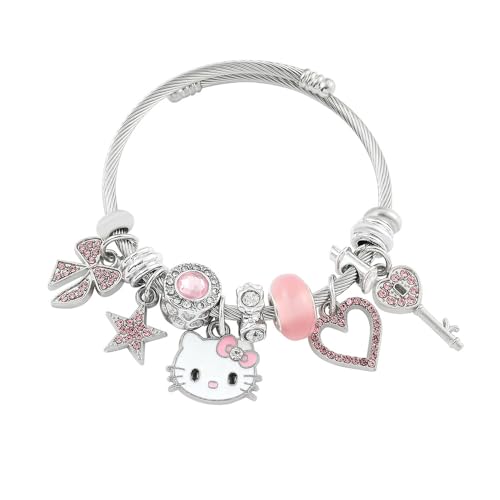 TOEECY Armband für Mädchen Hello Kitty Katzen Liebe Bettelarmband Verstellbares Charm Armbänder Cartoon Anime Freundschaft Armband Schmuck Geschenk für Damen Frauen Kinder (Rosa B)