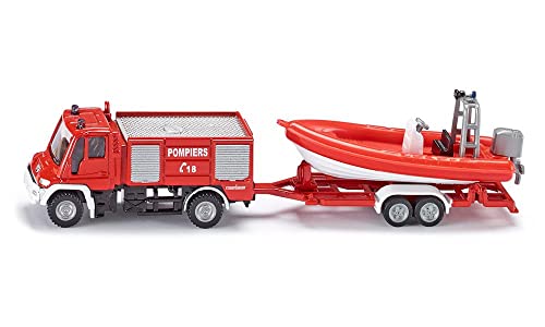 Siku 1636001, Feuerwehr Unimog, 1:87, Frankreich, Metall/Kunststoff, Französische Aufschrift Pompiers, Schwimmfähiges Boot, Rot/Weiß