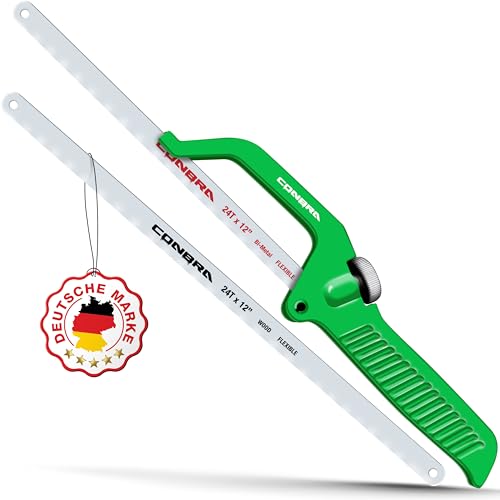 Conbra® Bügelsäge 300mm - Metallsäge 300 mm mit Holz Sägeblatt + Metall Sägeblatt - Präzises abschneiden von Schrauben und Nägel