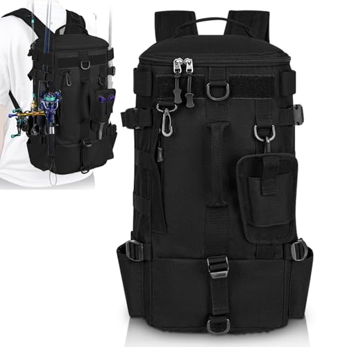 WIYETY Angelrucksäcke mit Rutenhalter, Angeltasche, Angelgerät Rucksack mit Rutenhalter, Angeltasche für Angeln, Fisch Carryall Rucksack Rucksack für Angeln Camping Wandern Radfahren 21x17x43cm