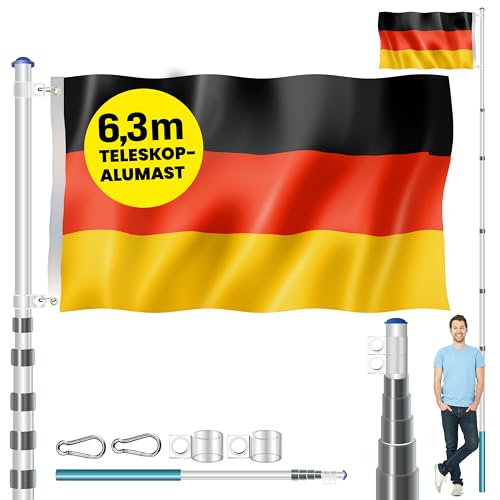 MONZANA® Aluminium Teleskop Fahnenmast 6,30m Bodenhülse 60cm inkl. Flagge Flaggenmast Mast Alu