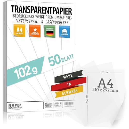 50 Blatt Blatt Transparentpapier bedruckbar DIN A4 PREMIUM 102g zum selber Bedrucken, Basteln Laternenpapier – Abpauspapier – Pauspapier, Tischkarten und Laternen selber basteln aus deutschland