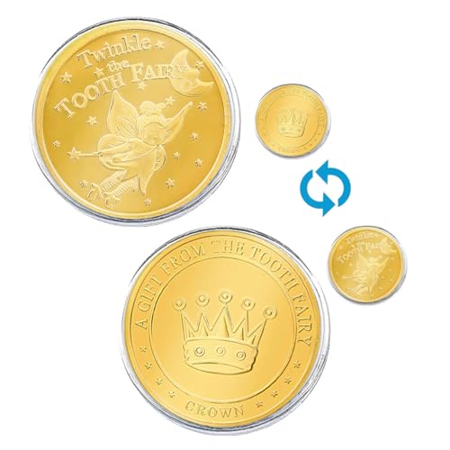 2 Stücke Goldene Zahnfee Geschenke, Zahnfee Goldtaler, Tooth Fairy Coins für Jungen und Mädchen, Kinder Gold Zahnfee-Münze, für Verlorenen Zahn Kinder Souvenir, Zahnverlust Feier Zahnfee