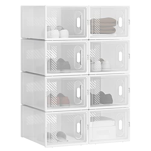 WOLTU Schuhregal mit 8 stapelbaren Schuhboxen Schuhschrank Regalsystem mit Magnetverschluss Steckregal aus Kunststoff DIY 25x19x35 cm transparent weiß SRX11tp