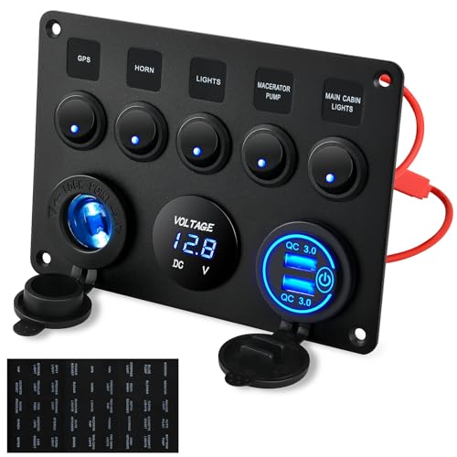 Kohree UPGRADED +USB Schalter 12V/24V Schalter Panel IP65 Wasserdichte Dual-USB-Ladegerät LED Voltmeter Zigarettenanzünder 5 Kippschalter EIN/AUS für Auto Marine Boot Wohnmobil Fahrzeuge LKW