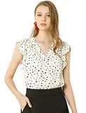 Allegra K Damen Kurzarm V Neck Ruffle Knopfleiste Chiffon Punkte Top Bluse Beige XS