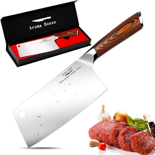 Aroma House Hackmesser Kochmesser 7 Zoll, Chinesisches Küchenmesser,Hack Messer Edelstahl Hackbeil Messer mit Scharfe Klinge und Pakkawood Griff für Küche & Restaurant