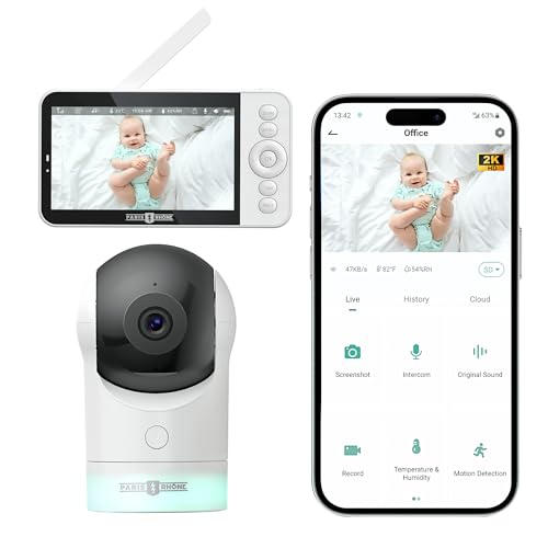 PARIS RHÔNE Babyphone mit Kamera und App, 5 Zoll WiFi Babyfon mit Kamera 2K HD Bild, Nachtlicht, Schlaflieder, Weinen/Bewegungs/Geräuscherkennung, Temperatur und Feuchtigkeitsmessung Zwei-Wege-Audio…