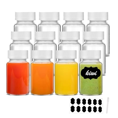 YBCPACK 12 Stück Mini Shot Glasflaschen mit weißem Deckel 60ml Kleine Flaschen zum Befüllen mit Etiketten und Stift, Ideal für Ingwer, Likör, schnaps und andere drinks