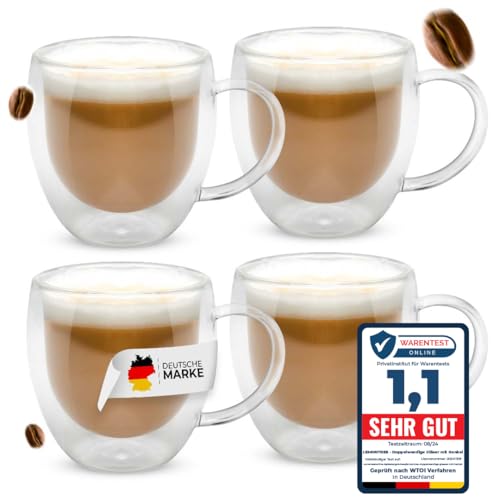 Lemontree 4er Set Cappuccino Tassen 250ml - doppelwandige Gläser mit Henkel - Design Kaffeetassen - Teegläser hitzbeständig, Cappuccino Tassen aus Borosilikatglas