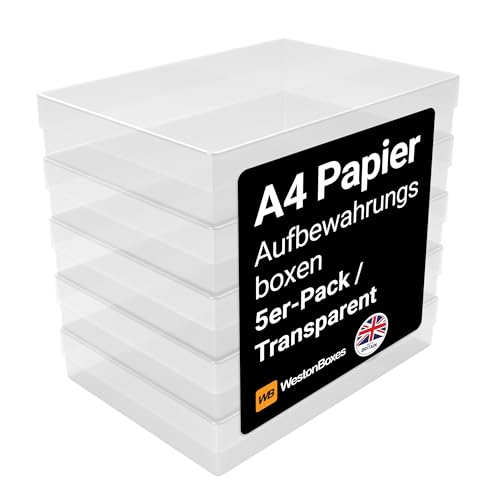 WestonBoxes A4 Transparente Kunststoff Aufbewahrungsboxen mit Deckel für Bastelbedarf, Papier und Karte - 3,6 Liter Volumen (5er Pack)