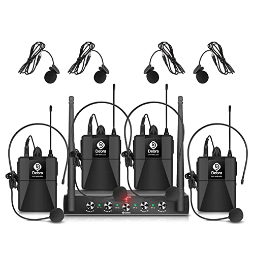 D Debra Audio AU400 Pro UHF 4-Kanal-Funkmikrofonsystem mit schnurlosem Lavalier-Headset-Mikrofon, Metallempfänger, ideal für Karaoke-Kirchenpartys (with 4 Bodypack (B))