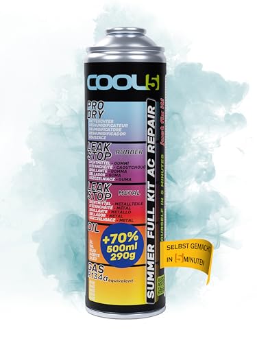 COOL5 5in1 - Klimaanlagen-Reparatursatz, AC, Kältemittelersatz R134a für Klimaanlagenbefüllung für PKWs 1995-2016 + Universalreiniger 500ml