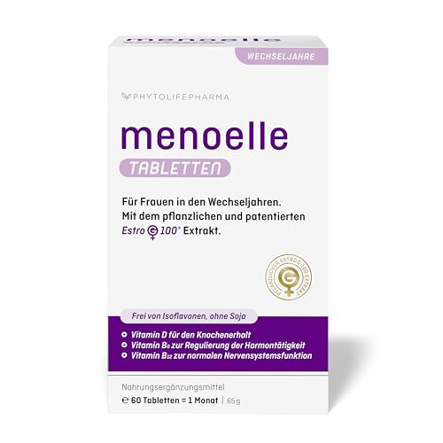 menoelle® Wechseljahre Tabletten, pflanzlich mit EstroG-100 Extrakt. Bei Hitzewallungen, Schlaflosigkeit und weiteren Symptomen. Hormonfrei, Vegan ohne Nebenwirkungen. 60 Tab./ Monat